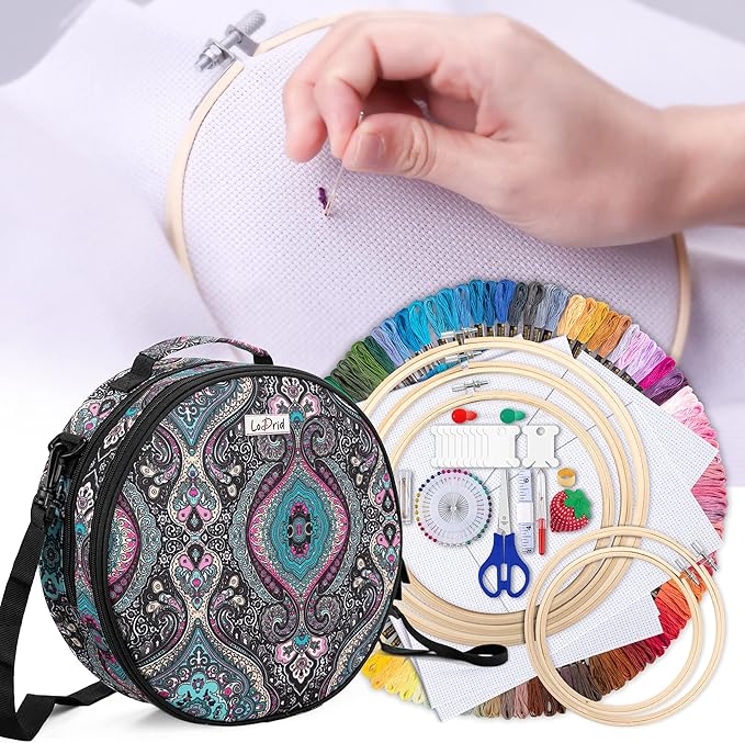 LoDrid Embroidery Kit, Double-Layer Round Storage Bag with Complete Cross Stitch Tools Kit, Embroidery Starter Kits for Beginners, Adults, with Handles and Shoulder Strap, Totem
