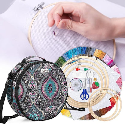 LoDrid Embroidery Kit, Double-Layer Round Storage Bag with Complete Cross Stitch Tools Kit, Embroidery Starter Kits for Beginners, Adults, with Handles and Shoulder Strap, Totem