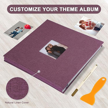 Self Adhesive Photo Album Black Pages Scrapbook Magnetic Photo Albums for 4x6 5x7 8x10 Pictures Books with Sticky Pages with A Metallic Pen for Baby Family Wedding 13.2x12.8 Purple 60 Pages