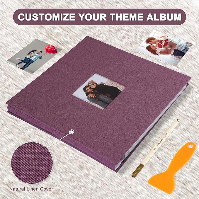Self Adhesive Photo Album Black Pages Scrapbook Magnetic Photo Albums for 4x6 5x7 8x10 Pictures Books with Sticky Pages with A Metallic Pen for Baby Family Wedding 11x10.6 Purple 40 Pages