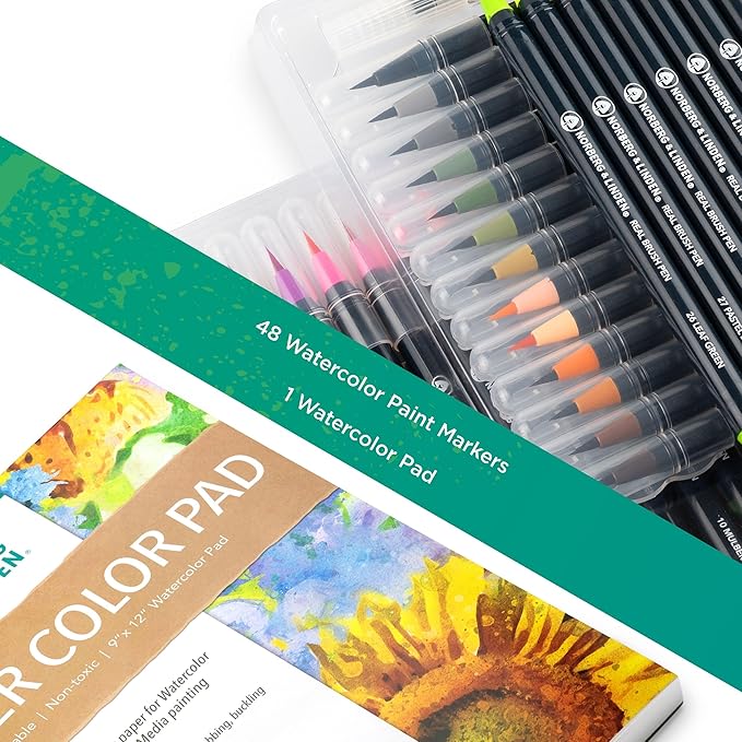 Norberg & Linden Real Waterbrush Set - 48 Watercolor Paint Markers, 1 Refillable Water Brush, Painting Pad - Nylon Tips for Drawing & Calligraphy - Coloring Pens for Professional & Beginner Artists