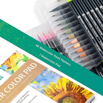 Norberg & Linden Real Waterbrush Set - 48 Watercolor Paint Markers, 1 Refillable Water Brush, Painting Pad - Nylon Tips for Drawing & Calligraphy - Coloring Pens for Professional & Beginner Artists