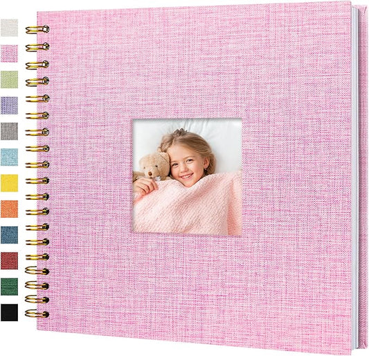 Hiwhy Scrapbook Photo Album Linen Cover, 10 x 10 Inch Hardcover Kraft White Pages Memory Book, for Travel Wedding Guest Book Christmas Baby Shower (20 Sheets/ 40 Pages,Pink)
