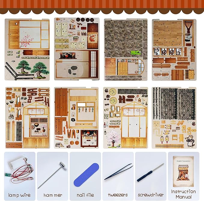 Soothee Japanese DIY Book Nook Kit with LED Lights - 3D Puzzles for Adults & Teens, Miniatures for Bookshelf Decor, Relaxing Craft & Unique Gift for Craft Lovers (Yakitori Grill House)