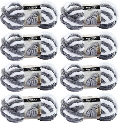 Chunky Chenille Yarn for Hand Knitting 8 Jumbo Pack Jumbo Chunky Yarn for Hand Soft Blanket Knitting, Bulky Thick Fluffy Yarn for Crocheting (White Gray)