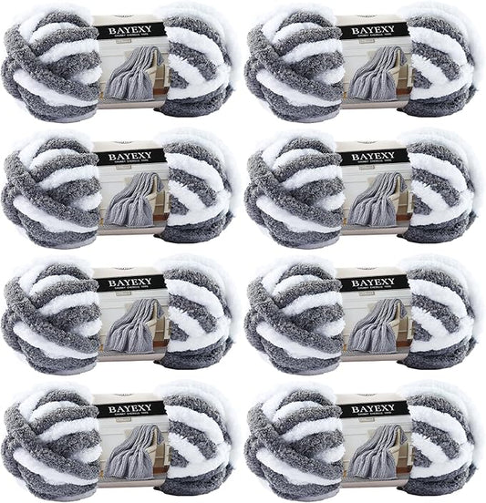 Chunky Chenille Yarn for Hand Knitting 8 Jumbo Pack Jumbo Chunky Yarn for Hand Soft Blanket Knitting, Bulky Thick Fluffy Yarn for Crocheting (White Gray)