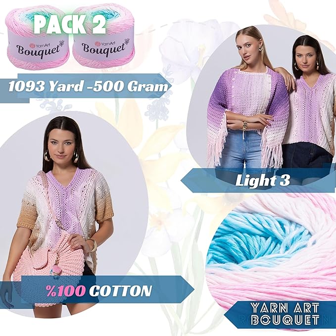 2 Skein Yarn Art Bouquet 100% Cotton 250grx2 550yardsx2 Multicolor Cotton Cake Yarn, Ombre More Softness, Gradient Rainbow Crochet Spring Summer Light 3, Top 5 Most Used Colors (Bouquet 702)
