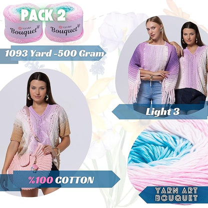 2 Skein Yarn Art Bouquet 100% Cotton 250grx2 550yardsx2 Multicolor Cotton Cake Yarn, Ombre More Softness, Gradient Rainbow Crochet Spring Summer Light 3, Top 5 Most Used Colors (Bouquet 702)