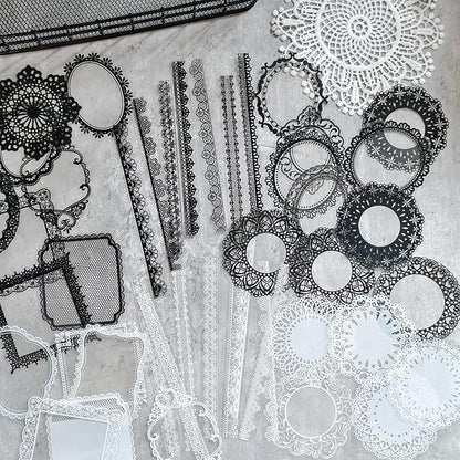 PRSTINCOL 240 PCs Lace Scrapbook Stickers,Waterproof Cutout Transparent Sticker PET Transparent Lace Stickers for Scrapbooking DIY Decoration Making Notebook Frame Album Handmade(Black and White)