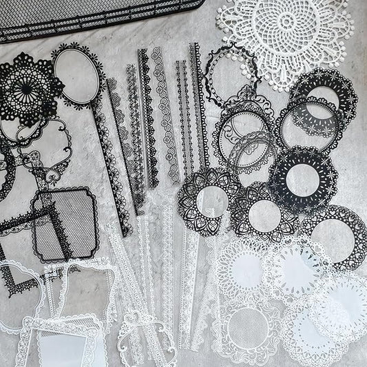 PRSTINCOL 240 PCs Lace Scrapbook Stickers,Waterproof Cutout Transparent Sticker PET Transparent Lace Stickers for Scrapbooking DIY Decoration Making Notebook Frame Album Handmade(Black and White)