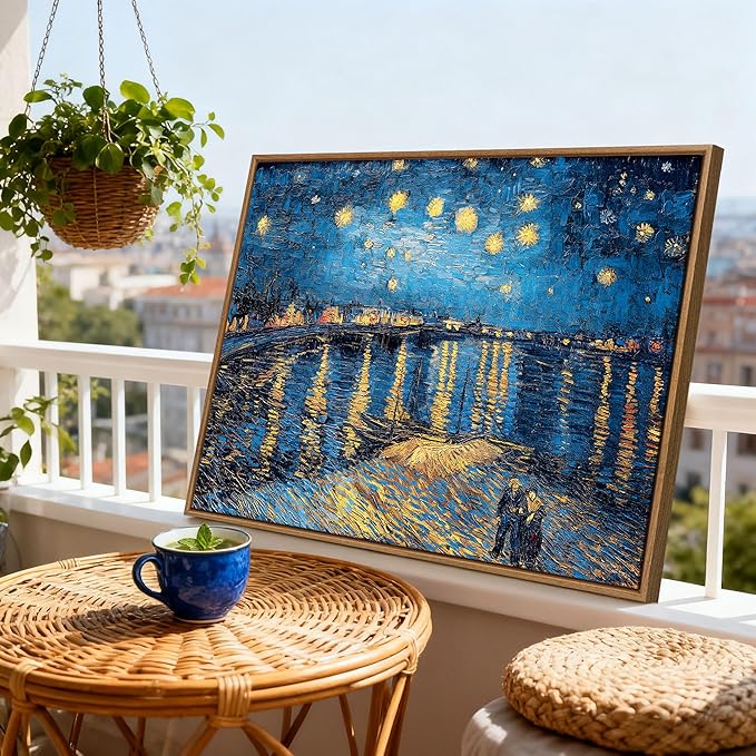 WENGTIAO Framed Canvas Wall Art of Starry Night Over The Rhone by Van Gogh Oil Paintings Famous Artist Reproduction Artwork Pictures Giclee Canvas Prints for Living Room Bedroom Study 16”x24”