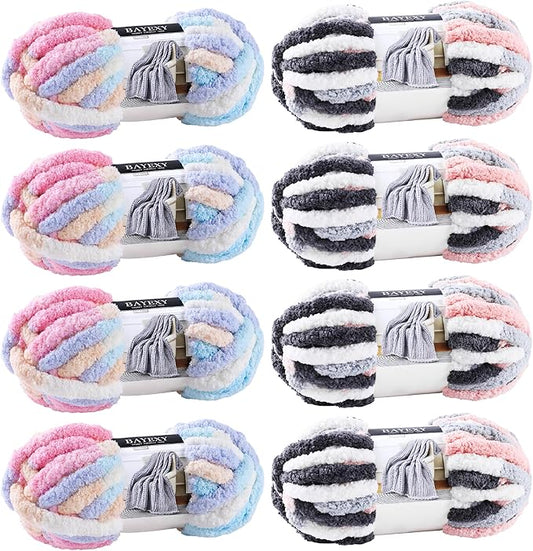 Chunky Chenille Yarn for Hand Knitting 8 Jumbo Pack Jumbo Chunky Yarn for Hand Soft Blanket Knitting, Bulky Thick Fluffy Yarn for Crocheting (Marshmallow Color+Kitten Color)