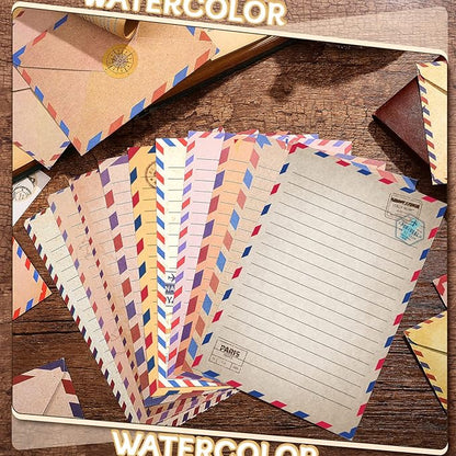 TaoBary 160 Pcs Stationery Paper Set 50 Double Sided Stationery Papers with 50 Matching Envelopes and 60 Round Dot Sticker, 10 Design(Vintage Airmail,5.5 x 8.25 Inch)
