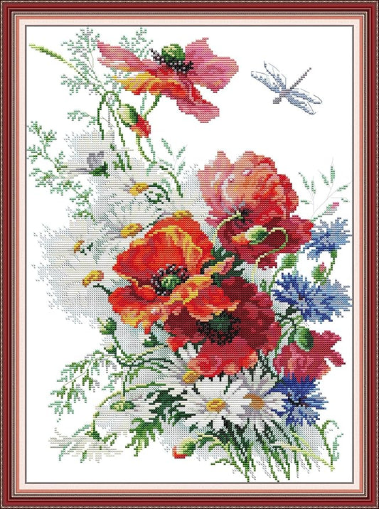Qeerysew Cross Stitch Kits Stamped Full Range of Embroidery Starter Kits for Beginners and Adult DIY- Printed kit Daisies and Poppies(Printed) 11CT17.3x23.2 inches