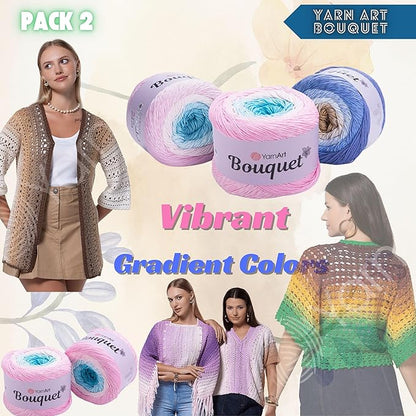 2 Skein Yarn Art Bouquet 100% Cotton 250grx2 550yardsx2 Multicolor Cotton Cake Yarn, Ombre More Softness, Gradient Rainbow Crochet Spring Summer Light 3, Top 5 Most Used Colors (Bouquet 702)