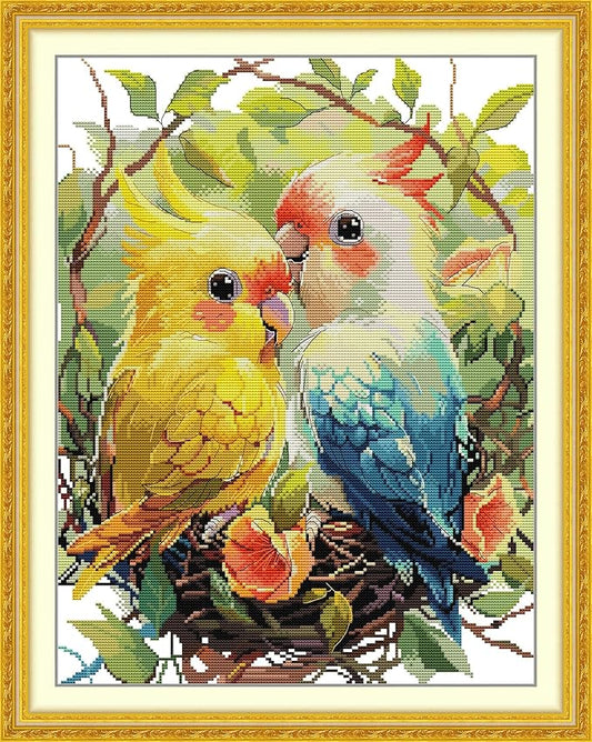 Maydiyer Counted Cross Stitch Kits for Adults,14CT Unprinted Pattern Embroidery Kits for Beginners,Easy Cross-Stitch Set DMC Threads Needlework-A Pair of Parrots 14.6''×18.5''
