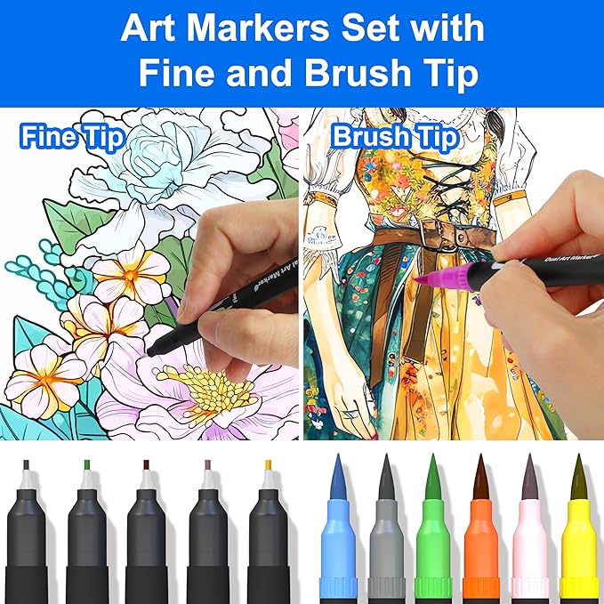 Halobios Dual Brush Marker Pens, 24 Colors Art Markers with Fine and Brush Tip Coloring Markers for Adults, Marker for Journaling Calligraphy Drawing Sketching Doodling Illustrating