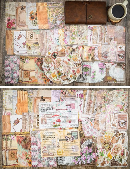Knaid 200 Piece Vintage Ephemera Bundle - Paper & Sticker Kit for Junk Journaling, Scrapbooking, Planners, Bullet Journals, Collage, Decoupage - Cottagecore Themed - Pastel/Earthy Tones