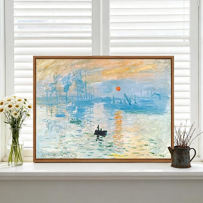 WENGTIAO Impression Sunrise Claude Monet Framed Canvas Wall Art Prints Natural Sunrise Scenery Oil Paintings Reproduction Blue Seascape Canvas Picture Artwork Decor for Living Room Bedroom 16x24 inch
