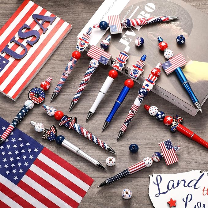 Geyee 12 Set Plastic Beadable Pens Assorted Bead Pens Crystal Wood Round Spacer Set Black Ink DIY Ballpoint for Women Men Gift Office Supplies(American Flag)