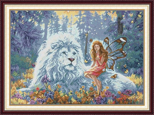 Threadhaven 16CT Stamped Cross Stitch Kit - Full Range Patterns for Adults, High - Definition Printing Embroidery Kit, Ideal for Beginners- The Butterfly Fairy and The Lion King 20.8''×15.3''