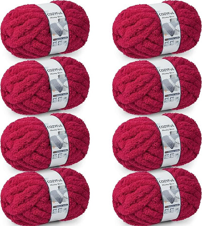 Chunky Yarn for Hand Knitting - #10 Chunky Chenille Yarn, Jumbo Big Thick Chunky Yarns for Crocheting, Super Bulky Chunky Knit Blanket Yarns, 8 Skein (25 yds 8 oz Each Skein), Cherry Red