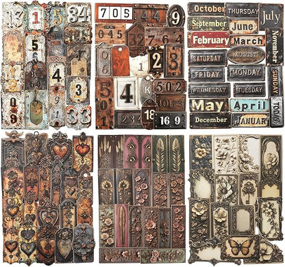AuriicLeaf Metal Imprint Stickers Set – 120PCS Vintage Faux Embossed Label Stickers Featuring Writable Self-Adhesive Tags for Scrapbook Junk Journal DIY Crafts