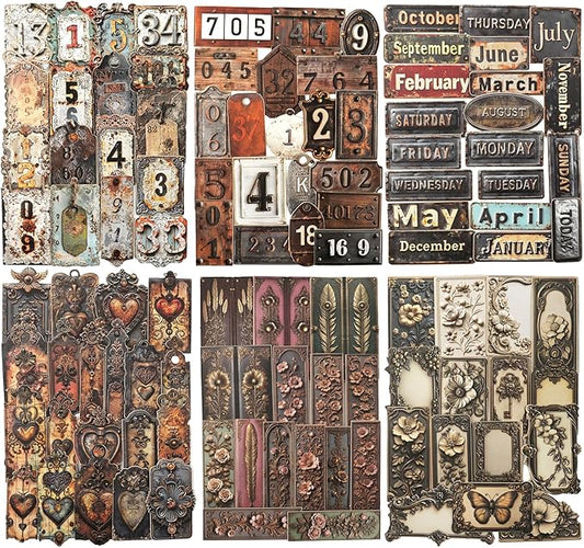 AuriicLeaf Metal Imprint Stickers Set – 120PCS Vintage Faux Embossed Label Stickers Featuring Writable Self-Adhesive Tags for Scrapbook Junk Journal DIY Crafts