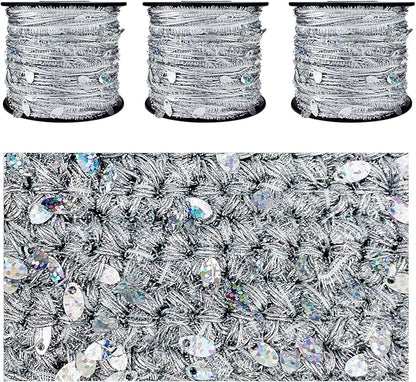 Artisanal Yarn Collection Multifiber Multicolored Fancy Yarn with Laser Sequins for Knitting Crocheting Crafts DIY, Set of 3 Rolls (Laser Silver)