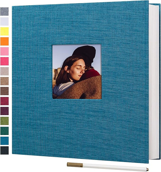potricher Large Photo Album Self Adhesive 3x5 4x6 5x7 8x10 10x12 Pictures Linen Cover 40 Blank Pages Magnetic DIY Scrapbook Album with A Metallic Pen (Blue, 13.2x12.8 inches 40 Pages)