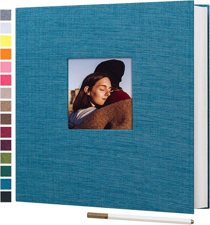 potricher Large Photo Album Self Adhesive 3x5 4x6 5x7 8x10 10x12 Pictures Linen Cover 80 Blank Pages Magnetic DIY Scrapbook Album with A Metallic Pen (Blue, 13.2x12.8 inches 80 Pages)