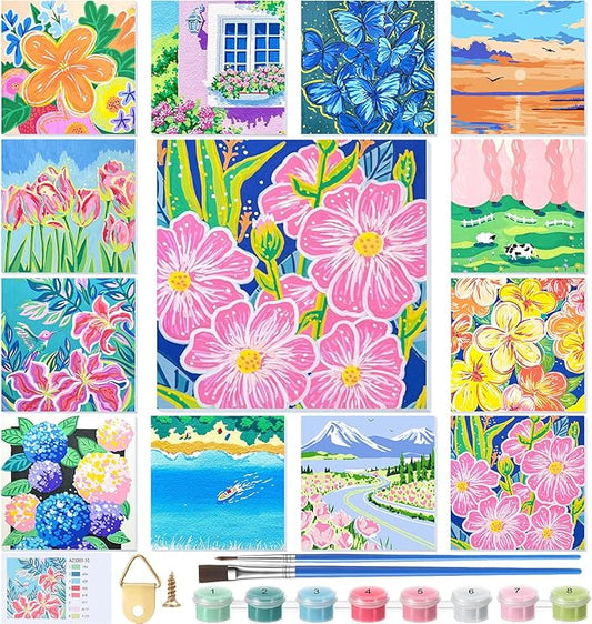 Nezyo 12 Sets Paint by Numbers Kit with Frame for Adult Beginners, DIY Acrylic Paint by Number Canvas for Painting Party Activity Birthday Gift, 8 x 8 Inch