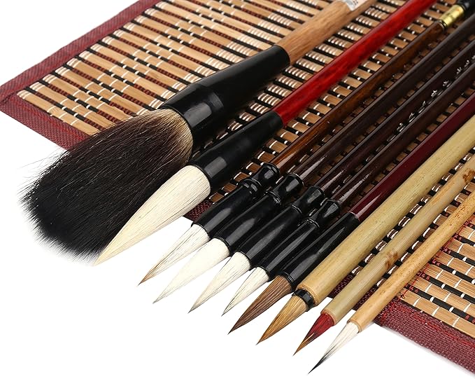 Corciosy 10PCS Chinese Calligraphy Brush Set, Writing Brush with Bamboo Storage Scoll, Japanese or Chinese Kanji Sumi-E Drawing Watercolor Brush