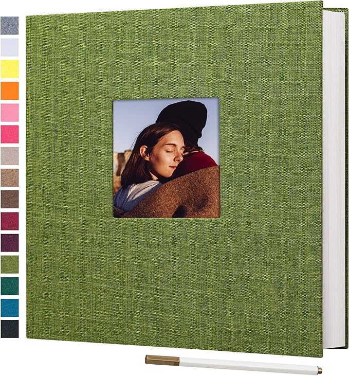 potricher Large Photo Album Self Adhesive 3x5 4x6 5x7 8x10 10x12 Pictures Linen Cover 80 Blank Pages Magnetic DIY Scrapbook Albums with A Metallic Pen (Green)