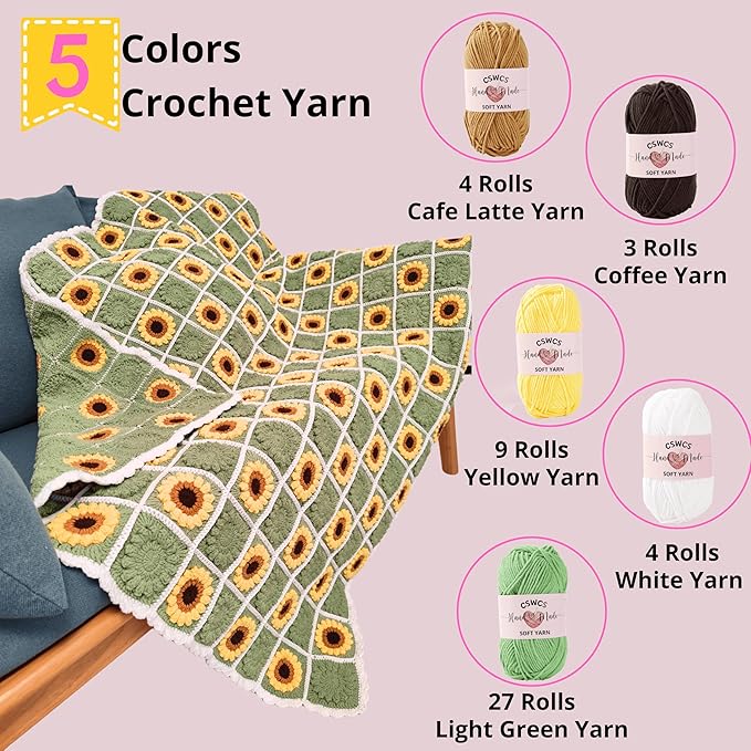 CSWCS Crochet Sunflower Blanket Kit for Beginners, Granny Square Pattern Crochet Yarn Accessories, Instructions Video for Starter, Adult Craft Knitting Kit for DIY Women (Green Sunflower)