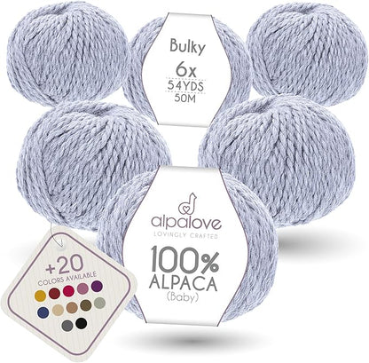 Bulky Set (6 x 1.75 oz) Super Soft Baby Alpaca Knitting Yarn Glacier 328 Yards