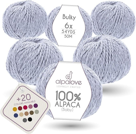 Bulky Set (6 x 1.75 oz) Super Soft Baby Alpaca Knitting Yarn Glacier 328 Yards