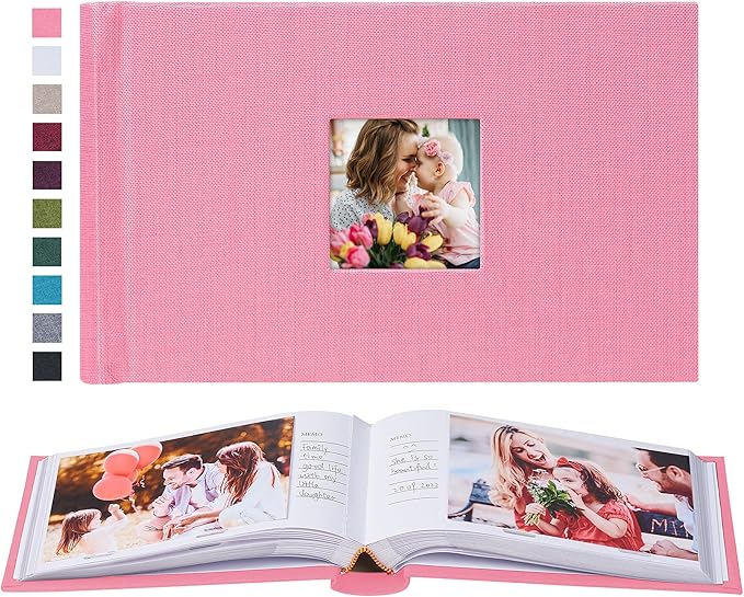 Mublalbum Small 4x6 Photo Album Linen Cover with Memo Areas Photobook Pictures Book Holds Horizontal Pockets for Wedding Family Baby and Vacation (Pink)