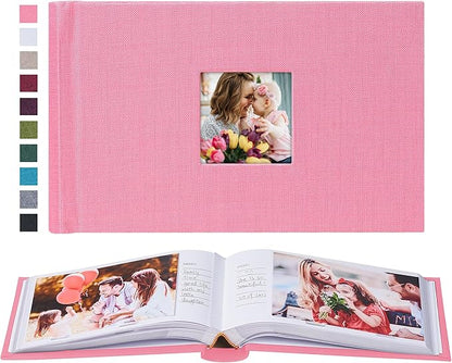 Mublalbum Small 4x6 Photo Album Linen Cover with Memo Areas Photobook Pictures Book Holds Horizontal Pockets for Wedding Family Baby and Vacation (Pink)