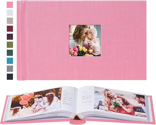 Mublalbum Small 4x6 Photo Album Linen Cover with Memo Areas Photobook Pictures Book Holds Horizontal Pockets for Wedding Family Baby and Vacation (Pink)