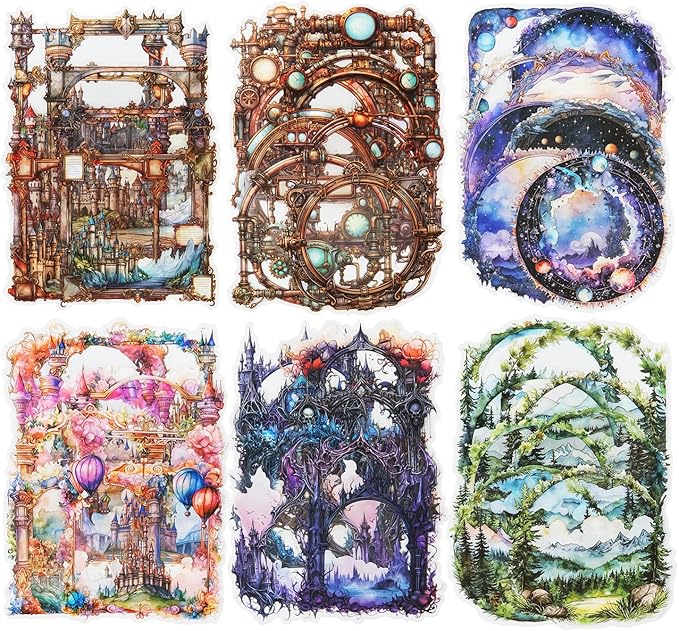 AuriicLeaf Fantasy Frame PET Sticker Set, 60PCS Board Ephemera for Scrapbooking, Junk Journaling, Crafts, DIY and Art Supplies