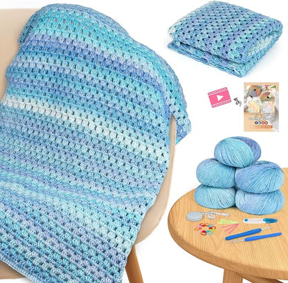 Aeelike Blanket Crochet Kit for Beginners, Super Easy Crochet Blanket Kit with Soft & Colorful Gradient Yarns Detailed Video Tutorials Crocheting Accessories, Aurora Blue Gradient & Ideal Gift