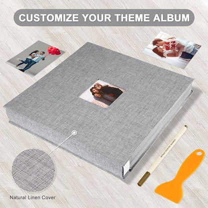 Self Adhesive Photo Album Black Pages Scrapbook Magnetic Photo Albums for 4x6 5x7 8x10 Pictures Books with Sticky Pages with A Metallic Pen for Baby Family Wedding 13.2x12.8 Grey 120 Pages