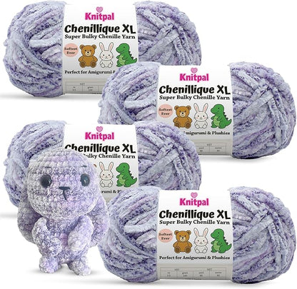 Chenillique XL Plush Chenille Yarn – 4-Pack (352 Yards / 400 g) – Variegated Super Bulky Yarn for Plushies, Blankets, Amigurumi & Accessories - Lavender Bliss