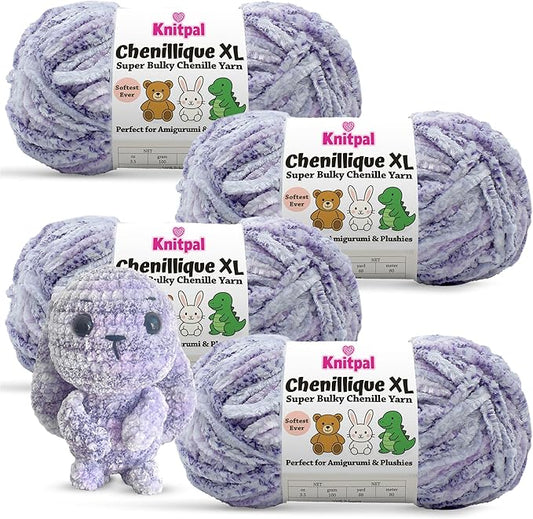Chenillique XL Plush Chenille Yarn – 4-Pack (352 Yards / 400 g) – Variegated Super Bulky Yarn for Plushies, Blankets, Amigurumi & Accessories - Lavender Bliss