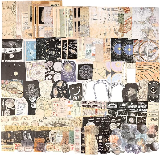 Draupnir 200pcs Vintage Junk Journal Supplies,Scrapbook Supplies Scrapbooking Paper and Stickers Ephemera for Art Aesthetic Journaling Kit Collage(Celestial)