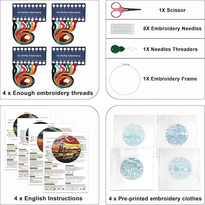 Maydear 4 Pack Embroidery Starter Kit with Pattern, Stamped Cross Stitch Kits for Beginners Adults with Embroidery Hoop and Instructions, Hand Embroidery Kit (Embroidery kit flower2)