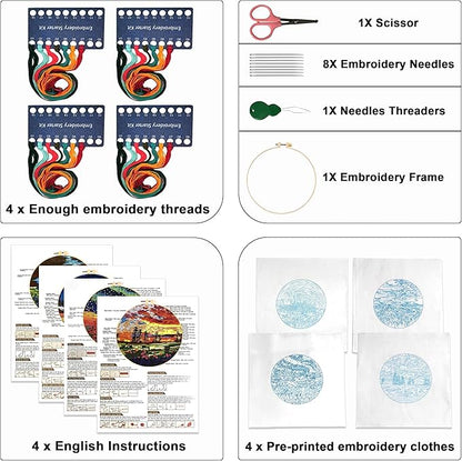 Maydear 4 Pack Embroidery Starter Kit with Pattern, Stamped Cross Stitch Kits for Beginners Adults with Embroidery Hoop and Instructions, Hand Embroidery Kit (Embroidery kit flower2)