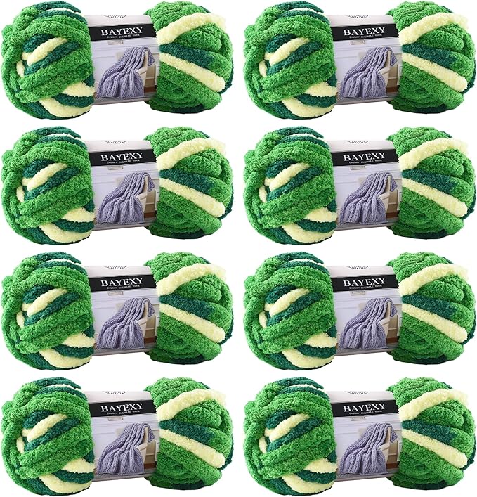 Chunky Chenille Yarn for Hand Knitting 8 Jumbo Pack Jumbo Chunky Yarn for Hand Soft Blanket Knitting, Bulky Thick Fluffy Yarn for Crocheting (Forest Green)