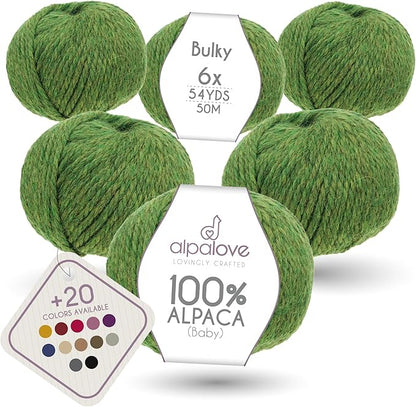 Bulky Set (6 x 1.75 oz) Super Soft Baby Alpaca Knitting Yarn Middle Green 328 Yards